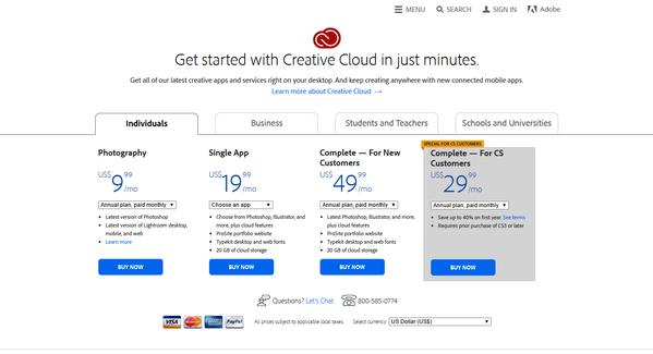 Estructura de precios de Creative Cloud